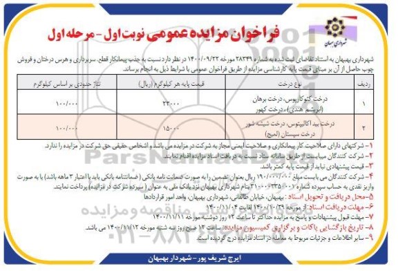 مزایده، مزایده قطع، سربرداری و هرس درختان و فروش چوب