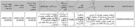 مناقصه عمومی همزمان با ارزیابی (فشرده) دو مرحله ای عملیات اجرایی احداث 500 متر مکعبی زمینی و 50 متر مکعبی هوایی همراه با تاسیسات جانبی روستای قلعه بلند ورامین