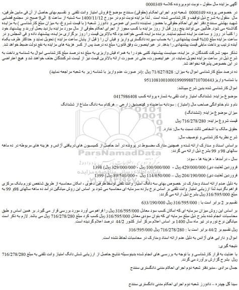 مزایده، مزایده فروش ششدانگ امتیاز وانت تلفی