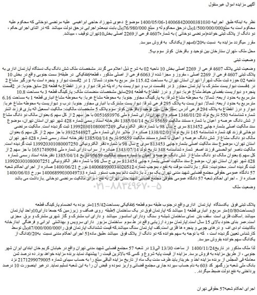 مازیده، مزایده فروش شش دانگ یک دستگاه آپارتمان اداری
