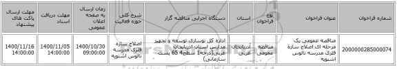 مناقصه عمومی یک مرحله ای اصلاح سازه فلزی مدرسه نالوس اشنویه