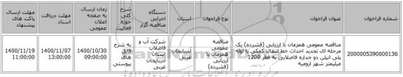 مناقصه عمومی همزمان با ارزیابی (فشرده) یک مرحله ای تجدید احداث خط انتقال کمکی با لوله پلی اتیلن دو جداره فاضلابی به قطر 1200 میلیمتر شهر ارومیه