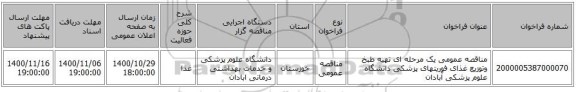مناقصه عمومی یک مرحله ای تهیه طبخ وتوزیع غذای فوریتهای پزشکی دانشگاه علوم پزشکی آبادان