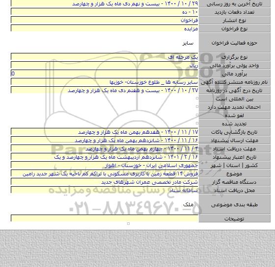 فروش ۱۴ قطعه زمین با کاربری مسکونی با تراکم کم ناحیه یک شهر جدید رامین