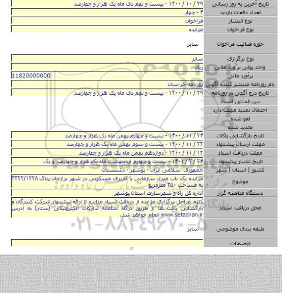مزایده یک باب منزل سازمانی با کاربری مسکونی در شهر برازجان پلاک ۳۳۲۲/۱۲۲۸ به مساحت ۲۵۰ مترمربع