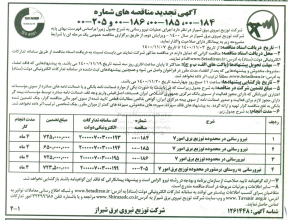 مناقصه  اجرای عملیات نیرورسانی