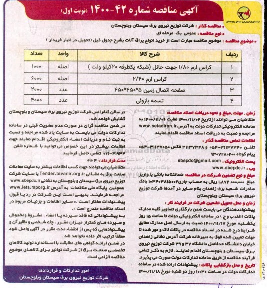 مناقصه، مناقصه خرید انواع یراق آلات 