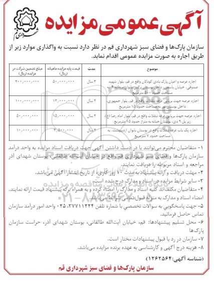 مزایده اجاره عرصه و اعیان پارک بادی کودکان