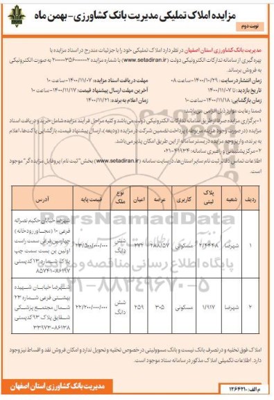 مزایده مزایده فروش املاک تملیکی مسکونی 