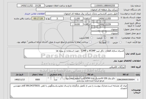 استعلام کسری سازی قطعات دکل تیپ AF2MP و C2MP  جهت استفاده در پروژه ها