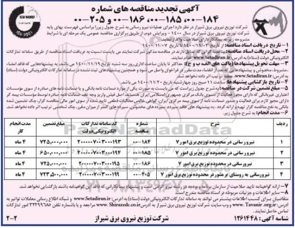 مناقصه اجرای عملیات نیرورسانی تجدید