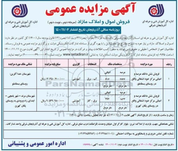 مزایده فروش اموال و املاک مازاد - مرحله دوم - نوبت دوم