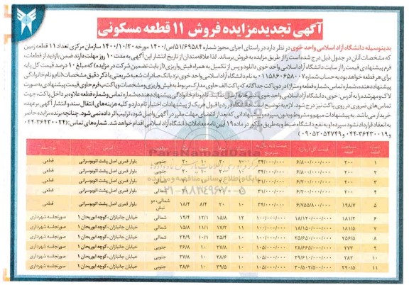 مزایده،مزایده تجدید فروش 11 قطعه مسکونی