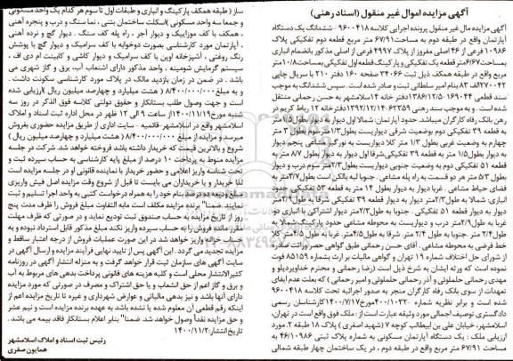 مزایده، مزایده ششدانگ یک دستگاه آپارتمان به مساحت 67/91 متر مربع 