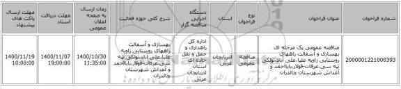 مناقصه عمومی یک مرحله ای  بهسازی و آسفالت راههای روستایی زاویه علیا،علی آباد،تولکی تپه سی،عرفات-قولار،بابااحمد و آغداش شهرستان چالدران 