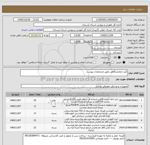 استعلام کیت ازمایشگاهی طبق مشخصات پیوست 
