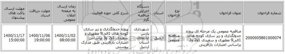 مناقصه عمومی یک مرحله ای پروژه جدولگذاری و زیر سازی کوچه های 1الی9 مطهری و سعیدی 1و2 و3 براساس اعتبارات بازآفرینی