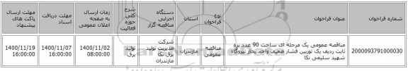 مناقصه عمومی یک مرحله ای ساخت 90 عدد پره ثابت ردیف یک توربین فشار ضعیف واحد بخار نیروگاه شهید سلیمی نکا