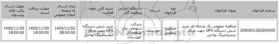 مناقصه عمومی یک مرحله ای خرید شش دستگاه UPS جهت مراکز دیسپاچینگ نواحی
