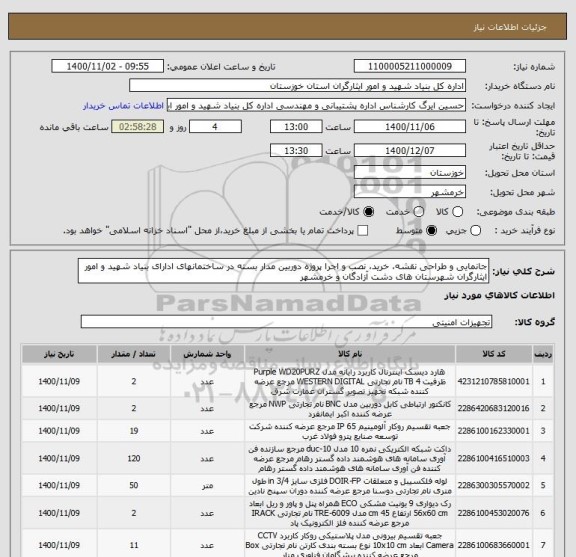 استعلام جانمایی و طراحی نقشه، خرید، نصب و اجرا پروژه دوربین مدار بسته در ساختمانهای ادارای بنیاد شهید و امور ایثارگران شهرستان های دشت آزادگان و خرمشهر 