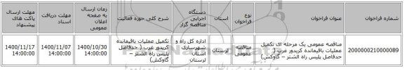 مناقصه عمومی یک مرحله ای  تکمیل عملیات باقیمانده کریدور غرب ( حدفاصل پلیس راه الشتر – گاوکش) 