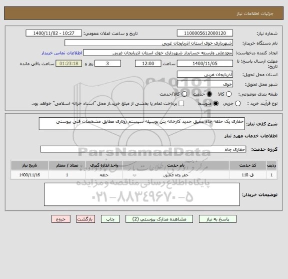 استعلام حفاری یک حلقه چاه عمیق جدید کارخانه بتن بوسیله سیستم روتاری مطابق مشخصات فنی پیوستی