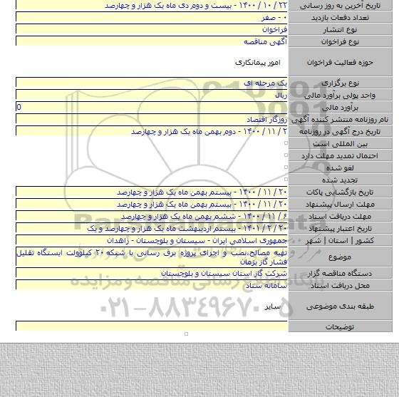 تهیه مصالح٬نصب و اجرای پروژه برق رسانی با شبکه ۲۰ کیلوولت ایستگاه تقلیل فشار گاز بزمان