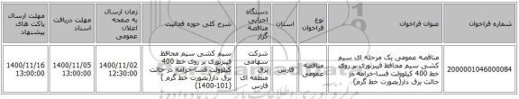 مناقصه عمومی یک مرحله ای سیم کشی سیم محافظ فیبرنوری بر روی خط 400 کیلوولت  فسا-خرامه در حالت برق دار(بصورت خط گرم)