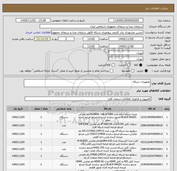 استعلام تجهیزات شبکه 