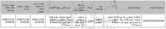 مناقصه عمومی یک مرحله ای انجام عملیات طرح های رینگ خطوط در محدوده امور توزیع برق منطقه 2 شیراز171