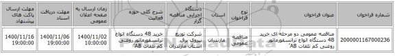 مناقصه عمومی دو مرحله ای خرید 48 دستگاه انواع ترانسفورماتور روغنی کم تلفات AB’