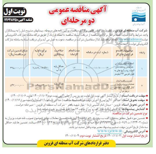 مناقصه انجام عملیات زیرگذاری حد بستر رودخانه ها و...