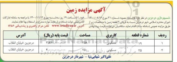 مزایده فروش دو قطعه زمین به مساحتهای 258 و 250 مترمربع