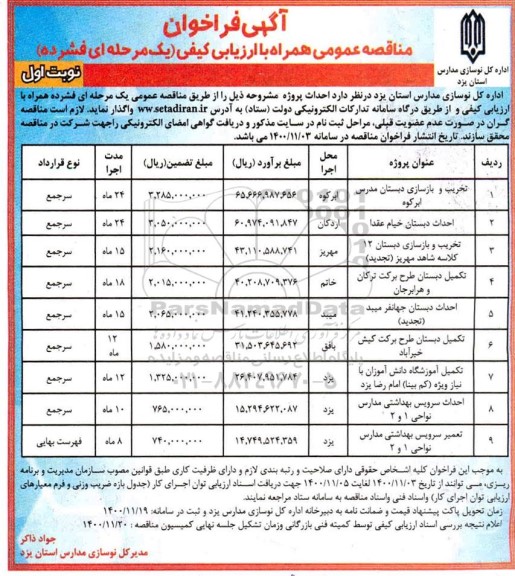 فراخوان مناقصه، فراخوان مناقصه تخریب و بازسازی دبستان....