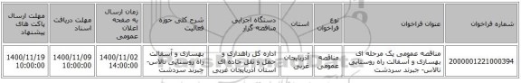 مناقصه عمومی یک مرحله ای بهسازی و آسفالت راه روستایی نالاس- جبرند سردشت
