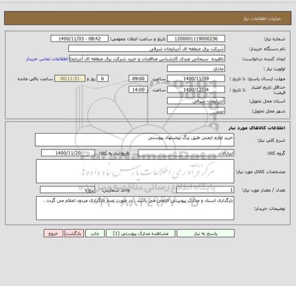 استعلام خرید لوازم ایمنی طبق برگ پیشنهاد پیوستی 