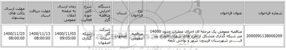 مناقصه عمومی یک مرحله ای اجرای عملیات حدود 14000 متر شبکه گذاری متشکل از طرح های شورای اقتصاد بند ق.....در شهرستان فریدون شهر و نواحی تابعه