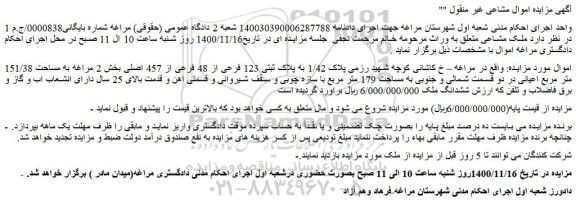 مزایده فروش ملک به پلاک ثبتی 123 فرعی از 48 فرعی از 457 اصلی 