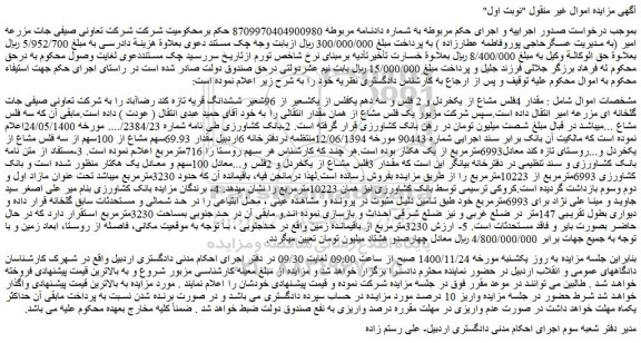 مزایده فروش  مقدار 4فلس مشاع از یکخردل و 2 فلس و سه دهم یکفلس از یکشعیر از 96شعیر ششدانگ 
