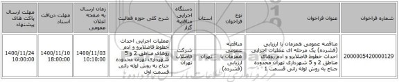 مناقصه عمومی همزمان با ارزیابی (فشرده) یک مرحله ای عملیات اجرایی احداث خطوط فاضلابرو و ادم روهای مناطق 2 و 5 شهرداری تهران محدوده جناح به روش لوله رانی قسمت 1