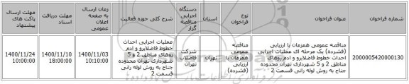مناقصه عمومی همزمان با ارزیابی (فشرده) یک مرحله ای عملیات اجرایی احداث خطوط فاضلابرو و ادم روهای مناطق 2 و 5 شهرداری تهران محدوده جناح به روش لوله رانی قسمت 2