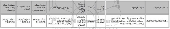 مناقصه عمومی یک مرحله ای خرید خدمات انتظامات و حفاظت فیزیکی بیمارستان شهدای لنجان