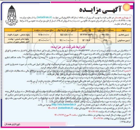 مزایده فروش زمین تجاری و مسکونی 
