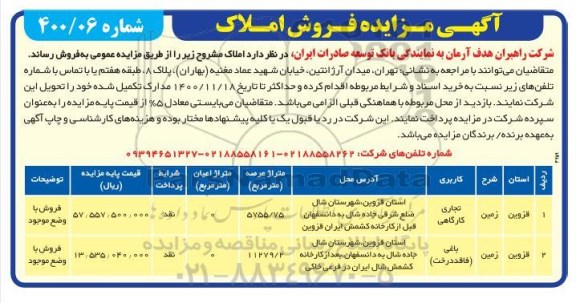 مزایده،مزایده فروش املاک با کاربری تجاری کارگاهی ، باغی