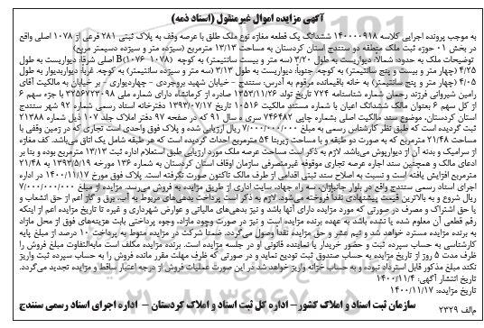 مزایده فروش ششدانگ یک قطعه مغازه