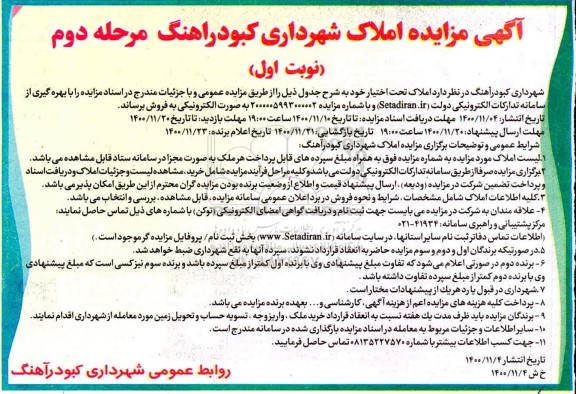 مزایده فروش املاک مرحله دوم نوبت اول 