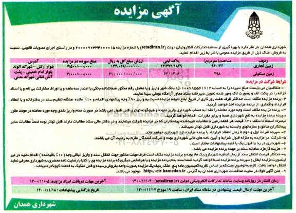 مزایده مزایده فروش املاک زمین تجاری و مسکونی 
