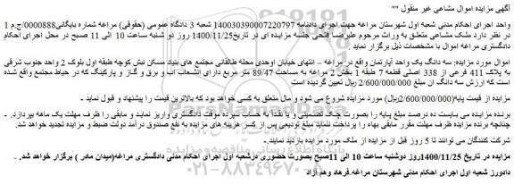 مزایده فروش سه دانگ یک واحد آپارتمان 