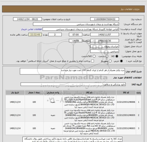 استعلام درن یکبار مصرف از هر کدام از ایران کدها 100 عدد مورد نیاز میباشد