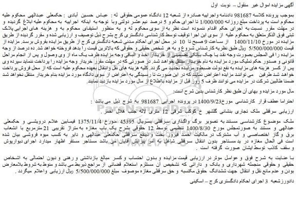 مزایده فروش سرقفلی  ملک  تجاری 